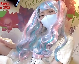JAV Goddess Nana s Heavenly Handjob Ejaculation in Cowgirl Position with Angel Cosplay Rainbow Wig